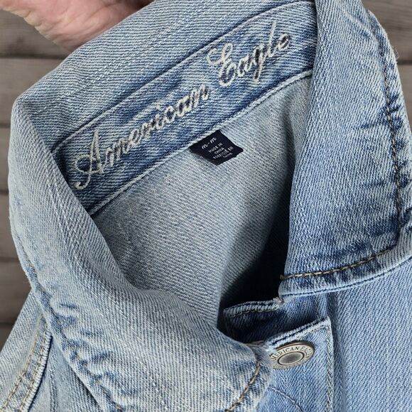 American Eagle Western Aztec Boho Embroidered Jean Light Wash Denim Jacket Med - Picture 8 of 8